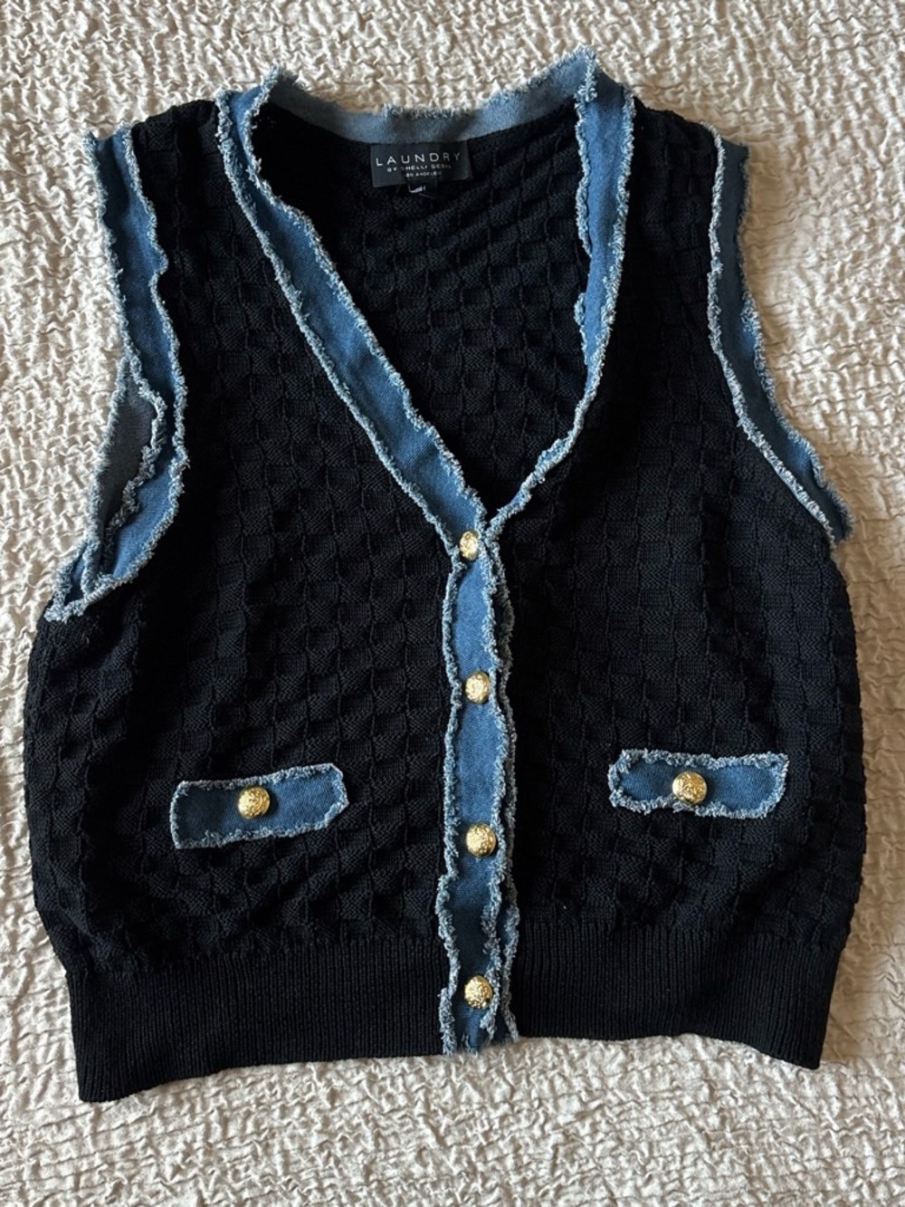 Laundry by Shelli Segal Black Knit Vest with Blue Trim and Gold Buttons